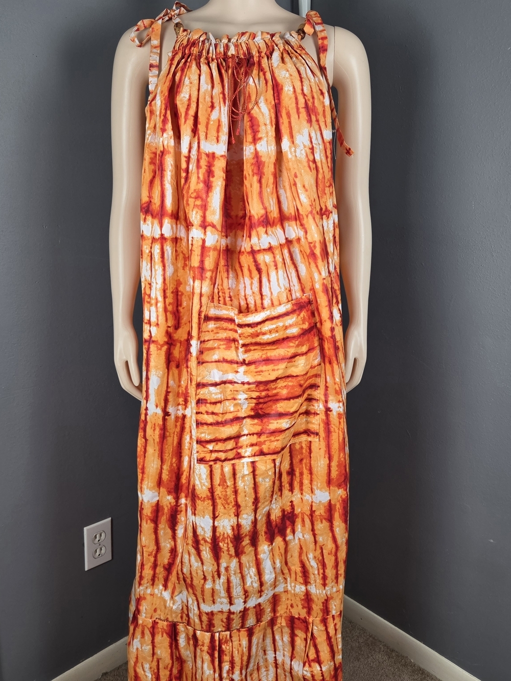Orange Tie-Dye Maxi Dress with Pocket